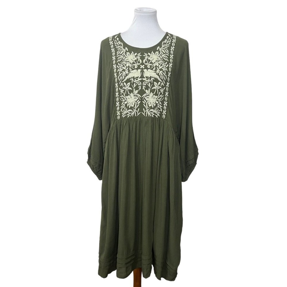 Knox Rose Dress Olive Green Womens Large Embroidered Short Sleeve Cottage Boho